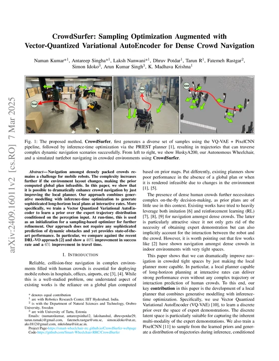 First page of CrowdSurfer: Sampling Optimization Augmented with Vector-Quantized Variational AutoEncoder for Dense Crowd Navigation